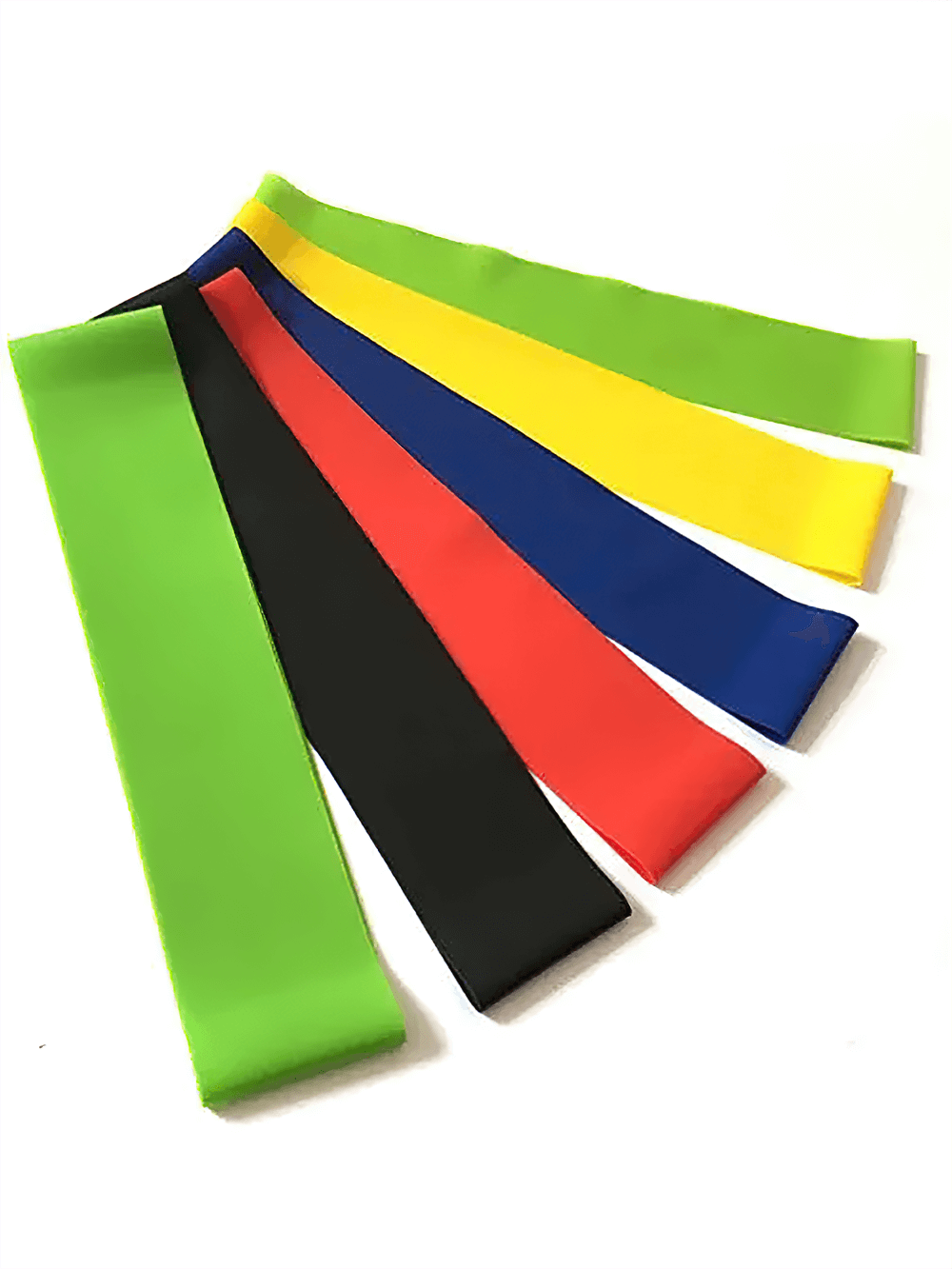 Colorful 5pcs resistance bands set for Pilates and fitness, includes green, yellow, red, blue, and black elastic workout bands.